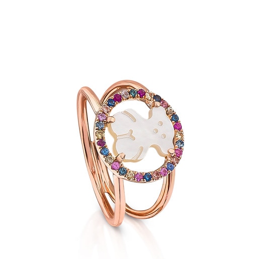 Rose Vermeil Silver Ring with Mother-of-Pearl Bear motif and multicolored  Sapphire TOUS Camille | TOUS