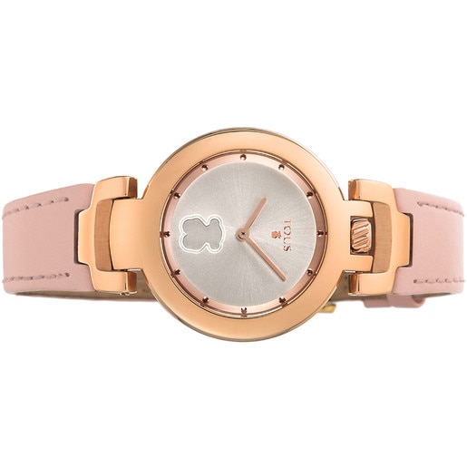 Rose IP Steel Crown Watch with nude Leather strap