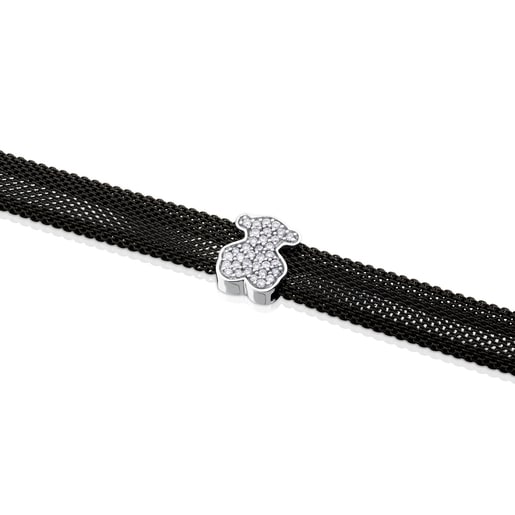 Black IP steel and White gold TOUS Icon Mesh Bracelet with Diamonds Bear motif 0,8cm. 0,20ct