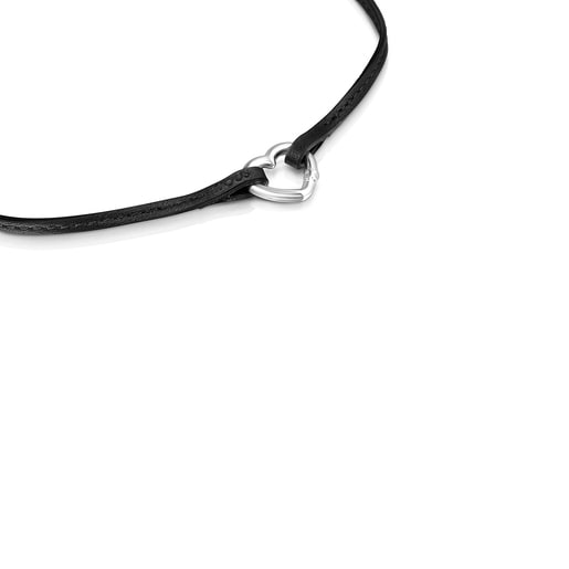 TOUS Hold heart Necklace in Silver and black Leather | TOUS