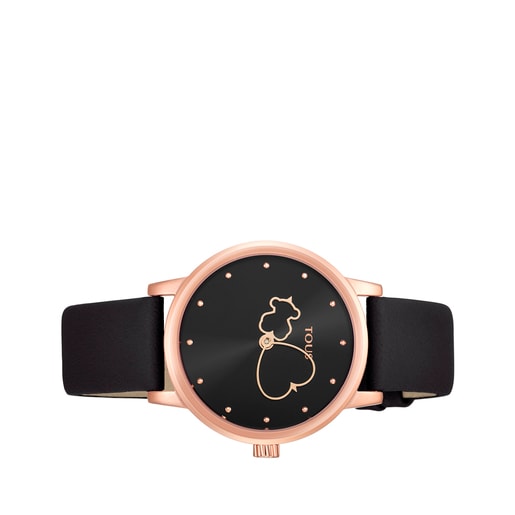 Montre Bear Time en acier IP rosé avec bracelet en cuir noir