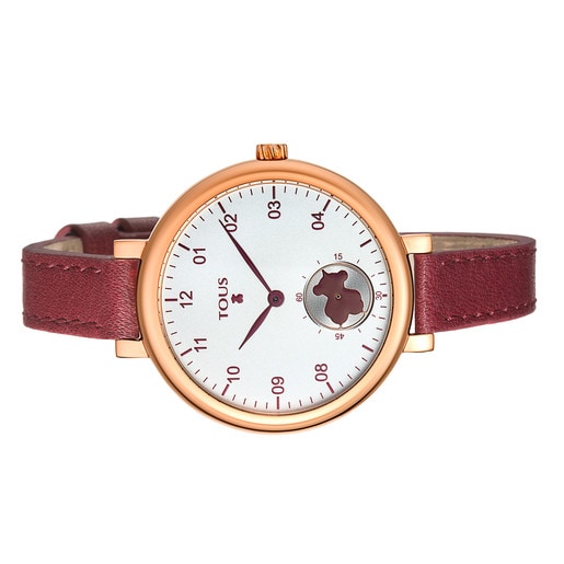 Pink IP Steel Spin Watch with burgundy Leather strap