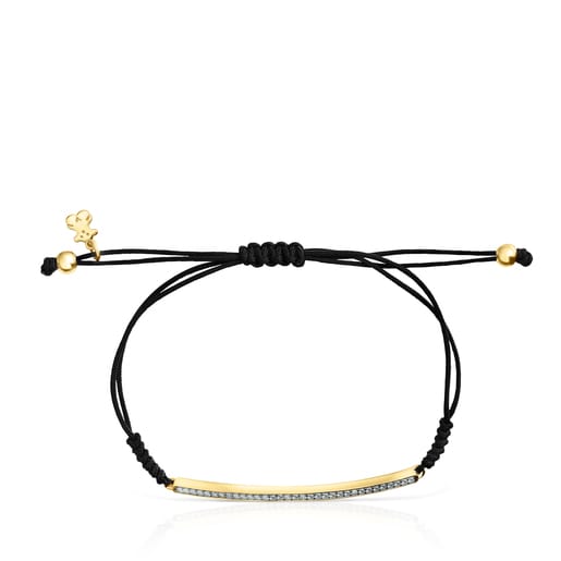 Pulsera barra con baño de oro 18 kt sobre plata, diamantes y cordón negro Nocturne