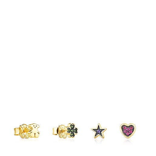 Pack de Pendientes con baño de oro 18 kt sobre plata y gemas Teddy Bear