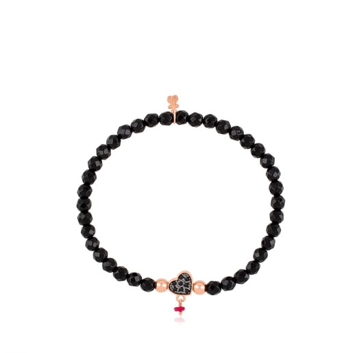 Rose Vermeil Silver TOUS Motif Bracelet with spinels and faceted onyx. Heart motif