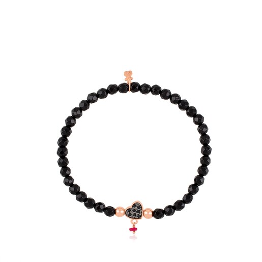 Pulsera con baño de oro rosa 18 kt sobre plata, espinelas y ónix facetado motivo corazón Motif