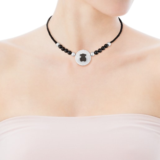 Silver Rupp Bear Necklace with Onyx and Spinel