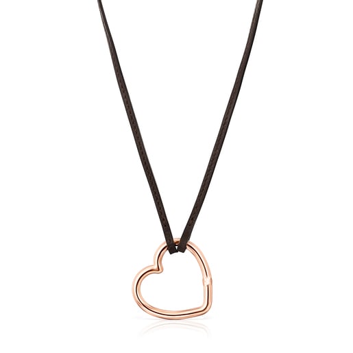 Collar largo corazón con baño de oro rosa 18 kt sobre plata y cuero marrón Hold