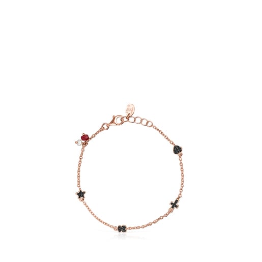 Motif Bracelet in Rose Silver Vermeil with Spinels, Ruby and Pearl