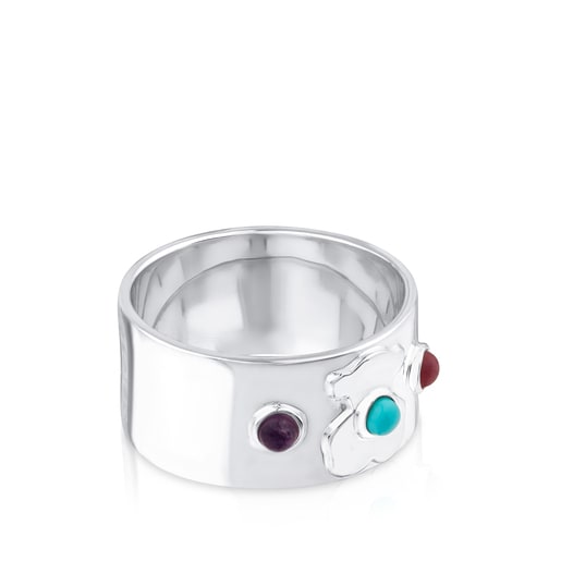 Silver Super Power Ring with Amethyst, Ceramic and Rhodonite