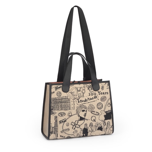 TOUS Centenary Embroidery beige and black leather Tote bag