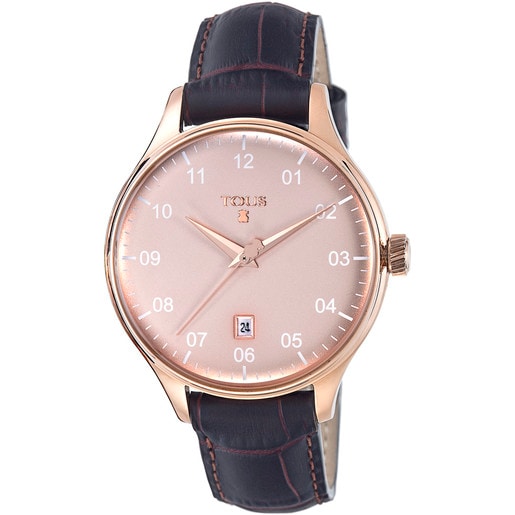 茶色い革バンドが付いたピンクのステンレス IP 腕時計 1920
