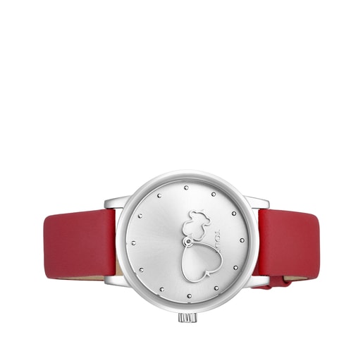 Montre Bear Time en acier avec bracelet en cuir rouge