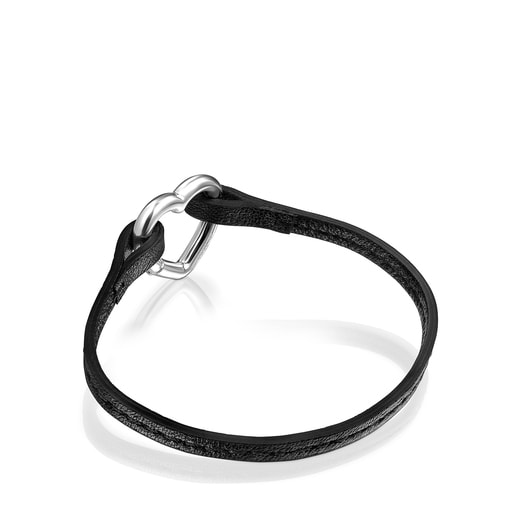 צמיד לב הולד מכסף עם עור בשחור