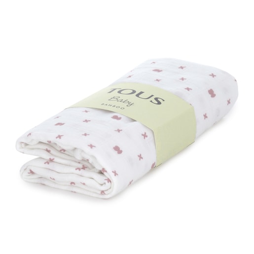 Bamboo Muslin Blanket with bears and X in Pink