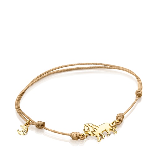 Pulsera león con baño de oro 18 kt sobre plata y cordón beige Save