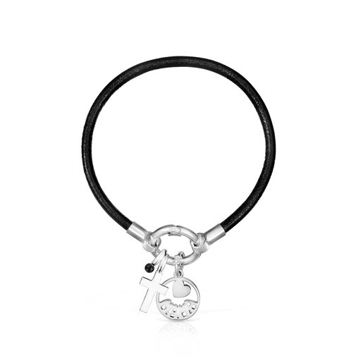 TOUS Mama cross Bracelet in Silver, Onyx and black Leather