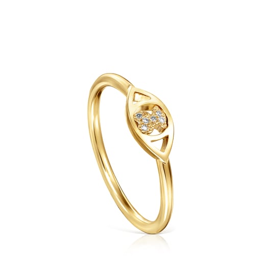 Gold TOUS Good Vibes eye Ring with Diamonds Bear motif