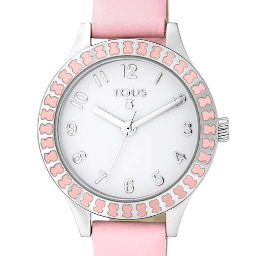 Reloj Straight Kids de acero y bisel de osos con correa de piel rosa