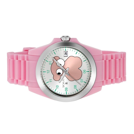 Steel Drive Fun Face Watch with pink Silicone strap
