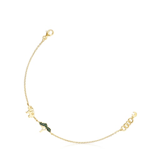 Pulsera elefante - árbol con baño de oro 18 kt sobre plata, tsavorita y peridoto Save