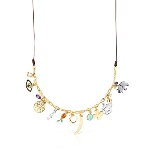 Collar con ba o de oro 18 kt sobre plata gemas y cord n marr n TOUS Good Vibes