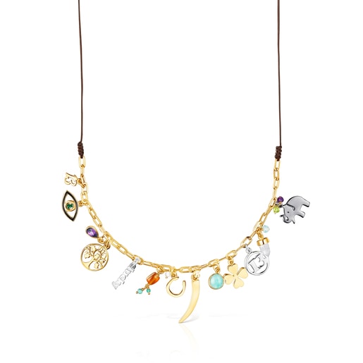 Silver Vermeil TOUS Good Vibes Necklace with Gemstones and brown Cord | TOUS