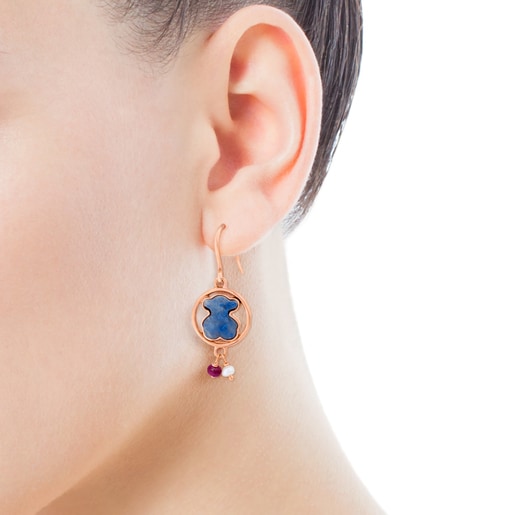 Rose Vermeil Silver Camille Earrings with Quartz with Dumortierite, Ruby, and Pearl