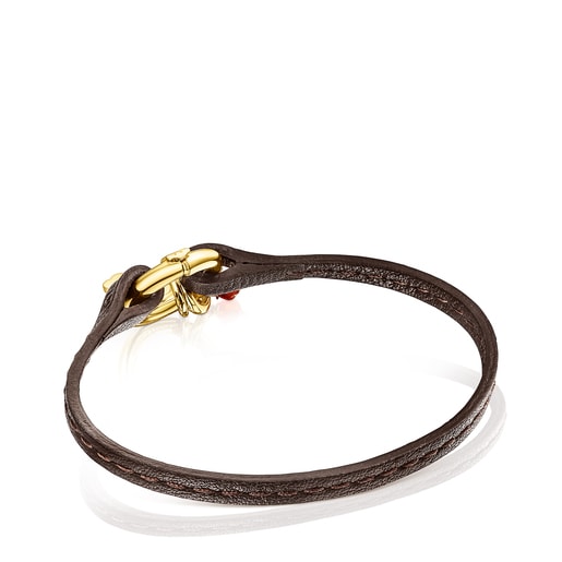 Bracciale trifoglio con placcatura in oro 18 kt su argento, gemme e pelle marrone TOUS Good Vibes