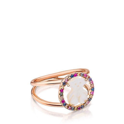 Rose Vermeil Silver TOUS Camille Ring with Mother-of-Pearl Bear motif and multicolored Sapphire