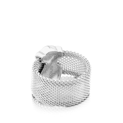 Silver and Steel Icon Mesh Ring