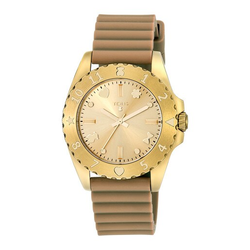 Gold IP Steel Motif Watch with make-up Leather strap