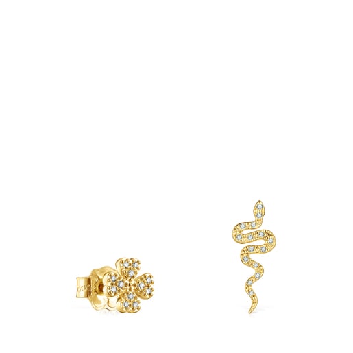 Aretes TOUS Good Vibes trébol - serpiente de oro y diamantes