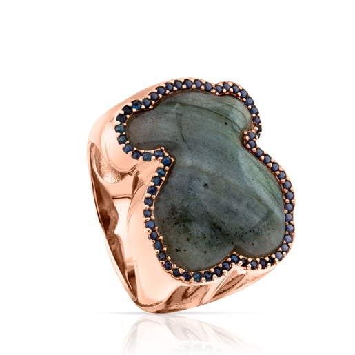 Rose Vermeil Silver Color Power Ring with Labradorite and Sapphires