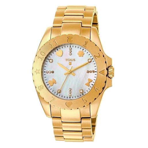 Gold IP Steel Motif Watch with Diamonds