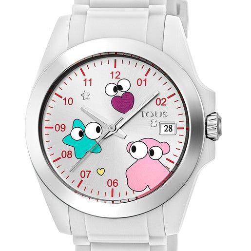 Steel Drive Fun Face Watch with white Silicone strap