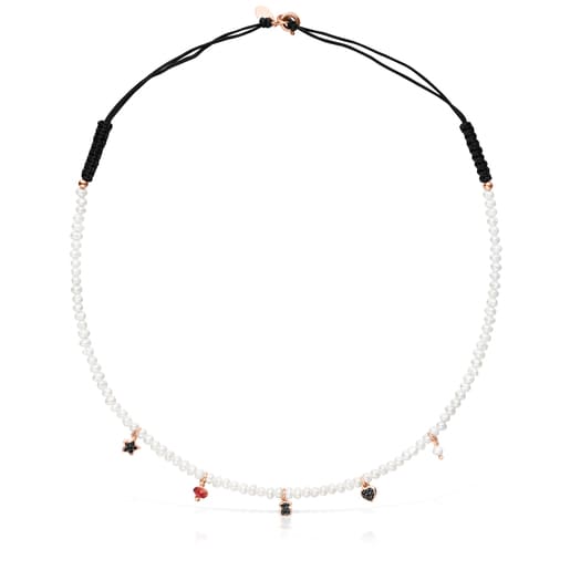 Collar de perlas y cordón negro con plata vermeil rosa y gemas Motif