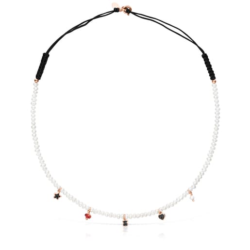 Motif Pearl and black Cord Necklace with Rose Silver Vermeil and Gemstones