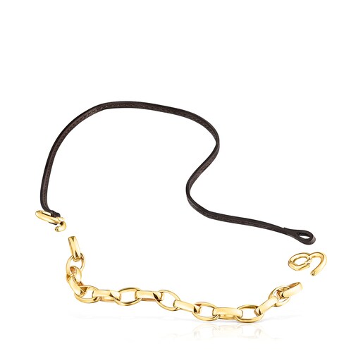 Pulsera - Collar Hold con baño de oro 18 kt sobre plata y cuero marrón