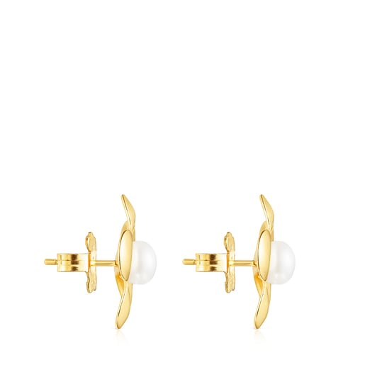 Aretes Fragile Nature flor con baño de oro 18 kt sobre plata y perla