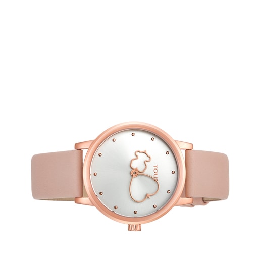 Reloj Bear Time de acero IP rosado con correa de piel nude