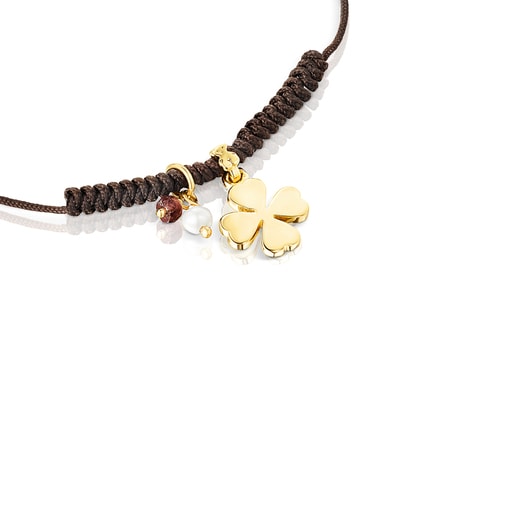 Silver Vermeil TOUS Good Vibes clover Bracelet with Gemstones and brown Cord