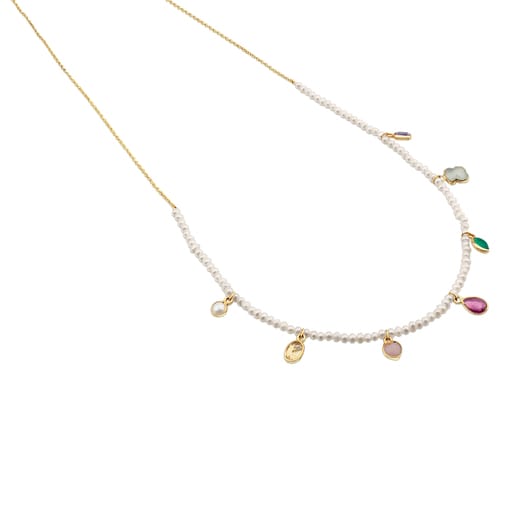 Gold Gem Power Necklace with Pearls and seven multicolor Gemstones. 17 18/25