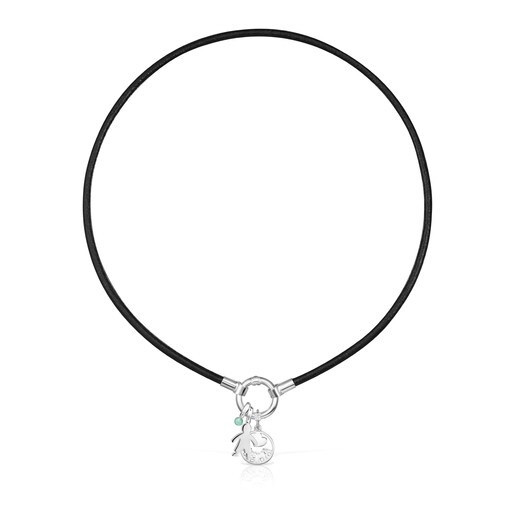 TOUS Mama boy Necklace in Silver, Chrysoprase and black Leather