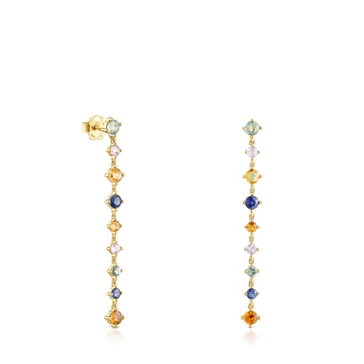 Aretes largos Glaring con baño de oro 18 kt sobre plata con zafiros multicolor