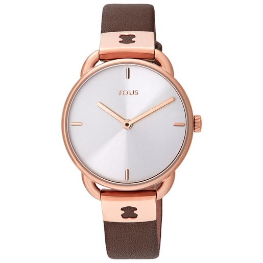 Reloj Let Leather de acero IP rosado con correa de piel marrón