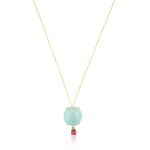 Gold Ethereal Necklace with Chalcedon and Ruby