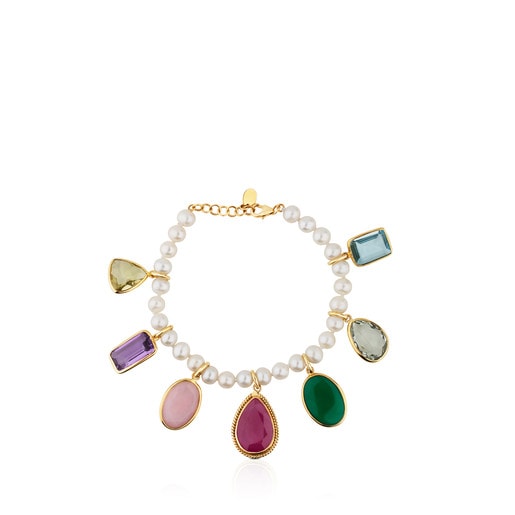 Gold Gem Power Bracelet with Pearls and seven multicolor Gemstones. 7 17/25