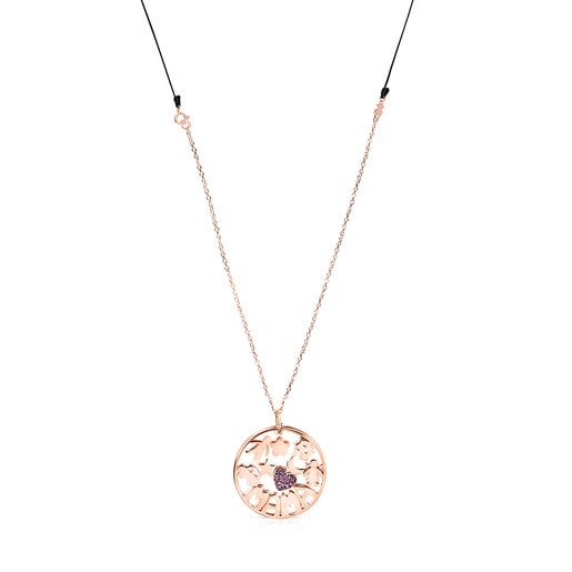 TOUS Mama Necklace in Rose Silver Vermeil with Ruby and black Cord