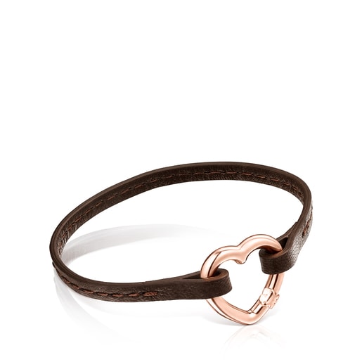 Bracelet Hold cœur en Or Vermeil rose et Cuir marron